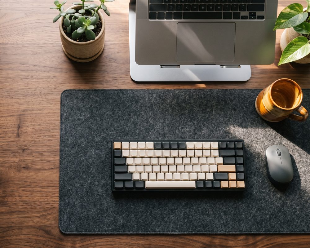 Bàn gỗ với bàn phím cơ, chuột, laptop trên giá đỡ và thảm nỉ