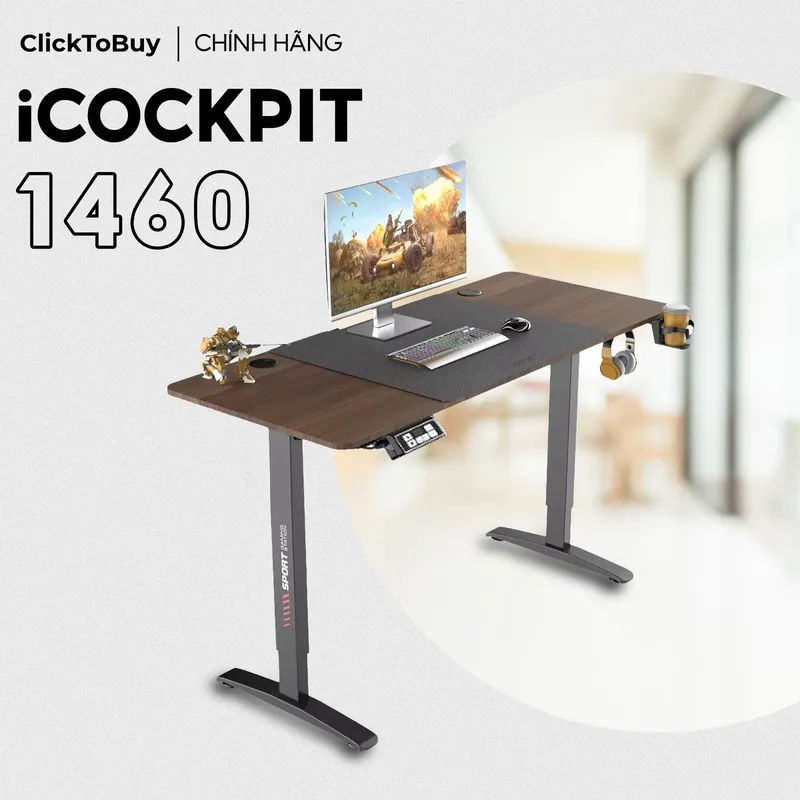 Bàn nâng hạ iCockpit 1460 mặt gỗ nâu có tấm lót chuột đen ở giữa, chân đen, móc tai nghe và khay để ly