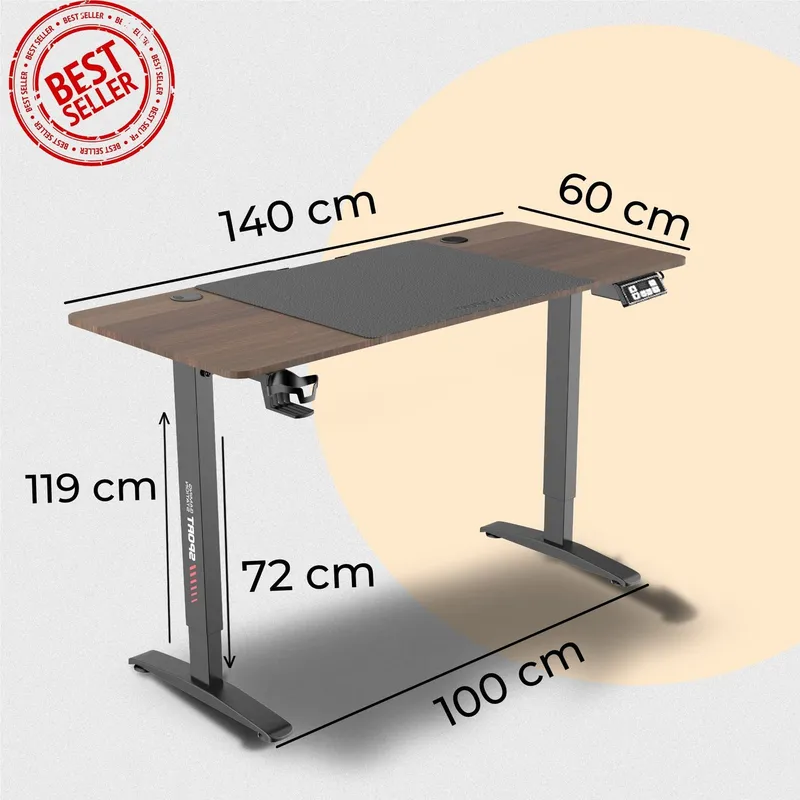 Bàn nâng hạ iCockpit 1460 kèm kích thước mặt 140 x 60cm, cao 72–119cm, chân đế dài 100cm