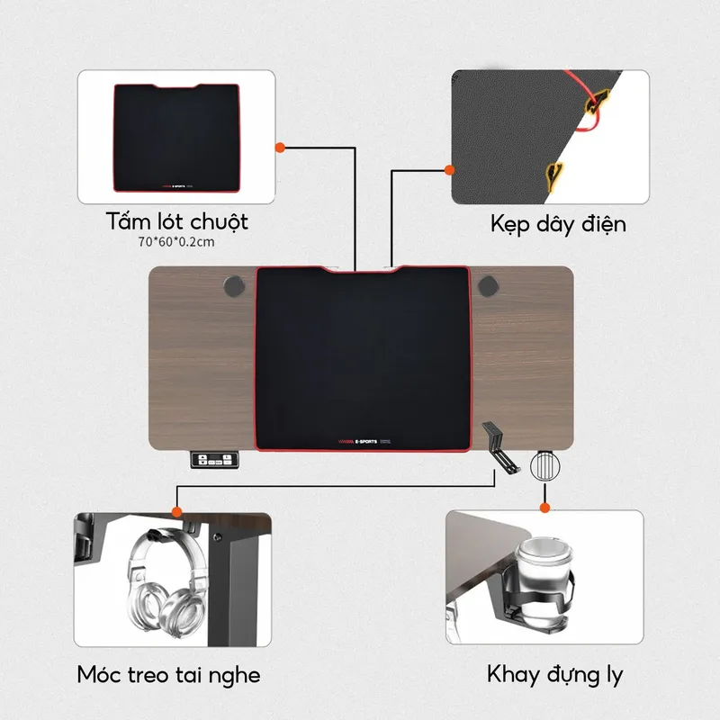 Phụ kiện tặng kèm bàn iCockpit 1460: tấm lót chuột 70x60cm, kẹp dây điện, móc treo tai nghe và khay đựng ly