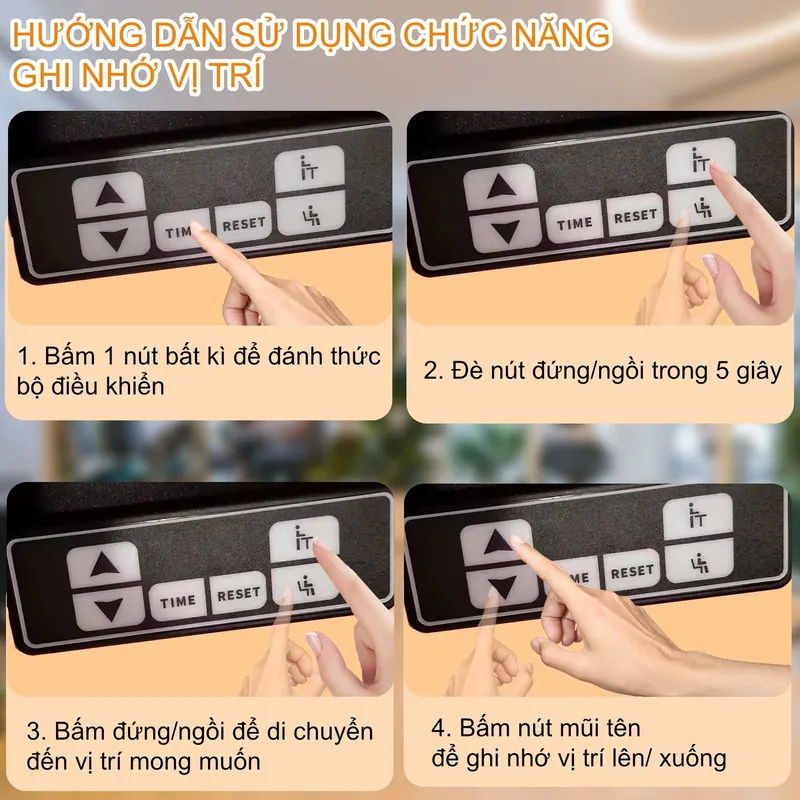 Hướng dẫn ghi nhớ vị trí trên bảng điều khiển bàn iCockpit với các nút lên, xuống, TIME, RESET, đứng và ngồi