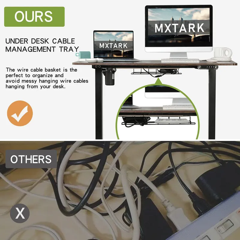 Khay lưới đi dây dưới mặt bàn Mxtark, so sánh với dây điện để lộn xộn dưới gầm bàn