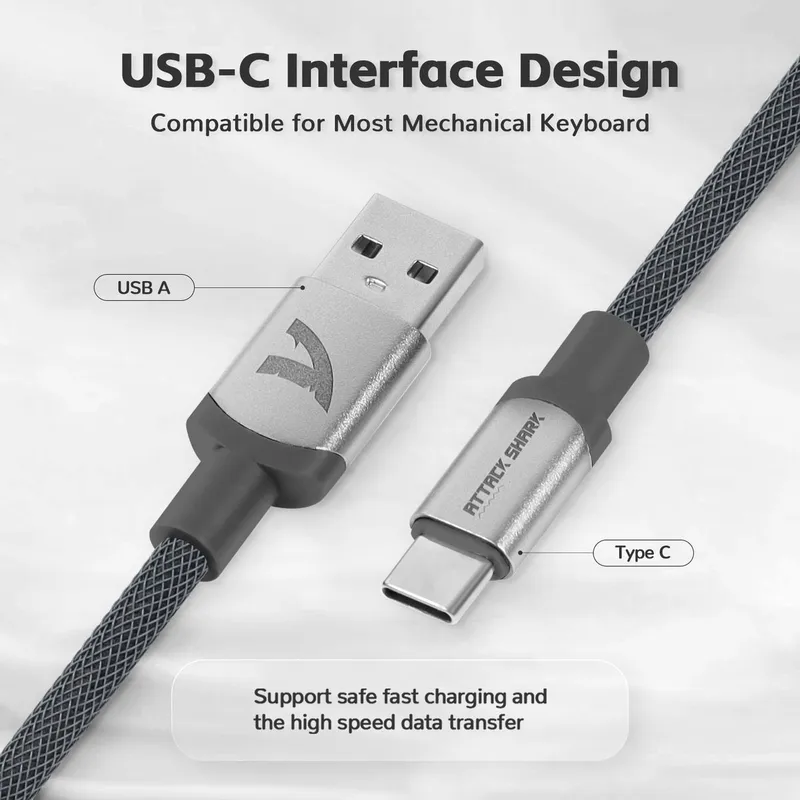 Attack Shark C01 Pro cận cảnh đầu USB-A và đầu Type-C trên cáp bọc dù xám