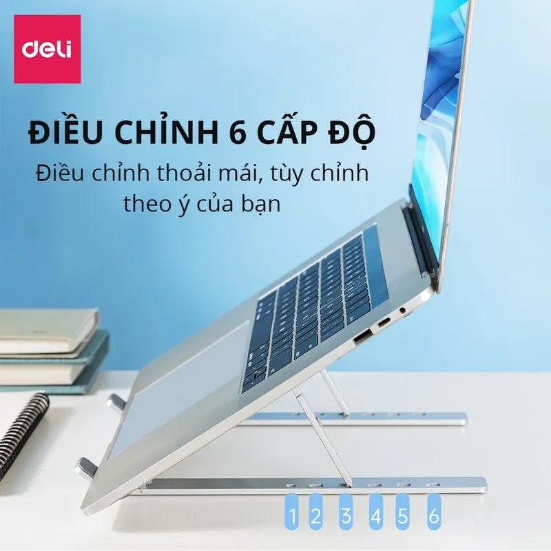 Giá đỡ laptop Deli VS780 đỡ laptop bạc, chú thích 6 nấc chỉnh độ cao