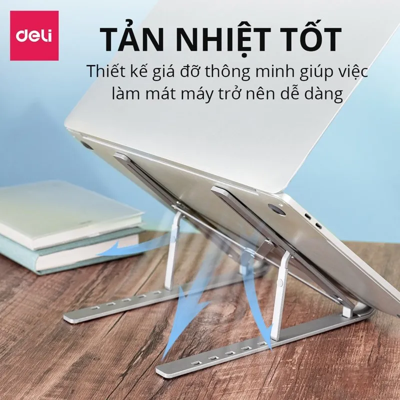 Giá Deli VS780 nhìn từ phía sau, khung nhôm hở để laptop tản nhiệt