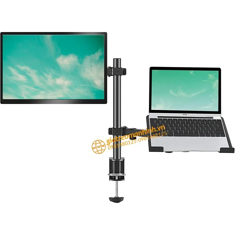 Giá treo M076 kẹp bàn, một tay đỡ màn hình và một tay đỡ laptop trên cùng trụ đứng