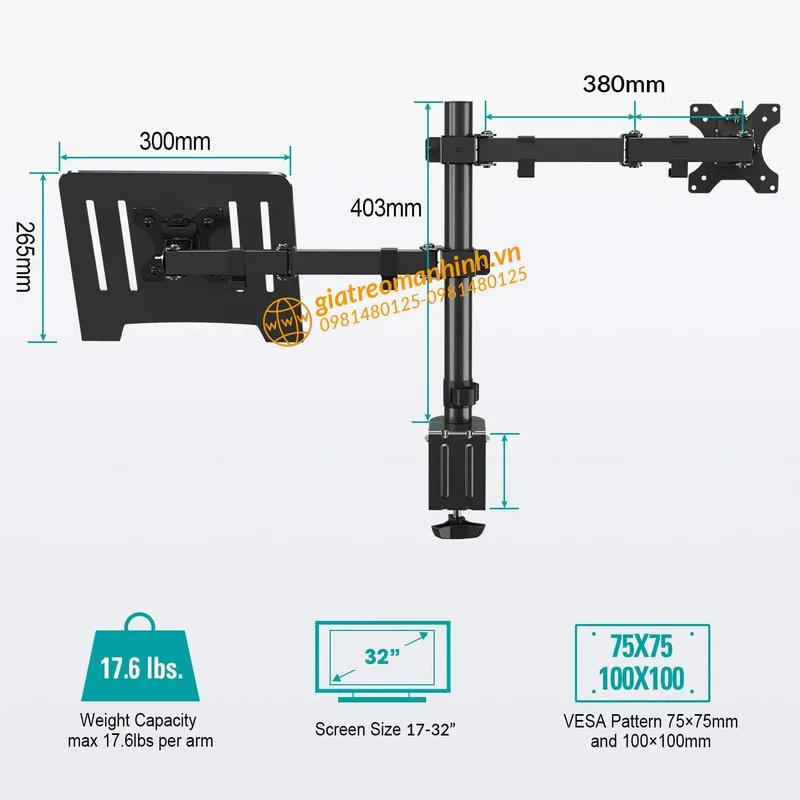 Hình vẽ kích thước giá treo M076: tay màn hình 380mm, trụ 403mm, khay laptop 300 x 265mm