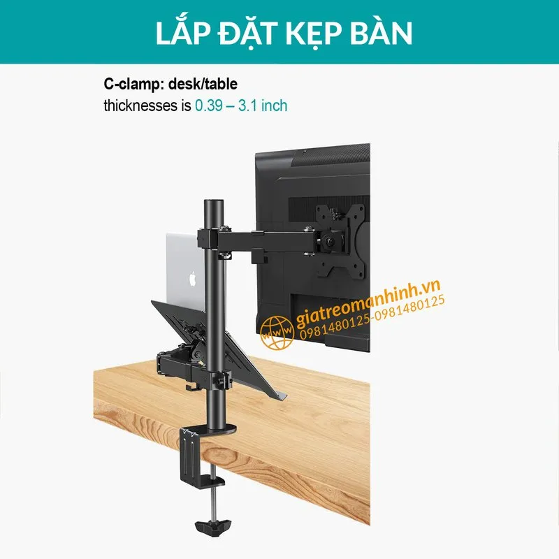 Ngàm kẹp bàn của giá treo M076, chú thích kẹp mặt bàn dày 0,39 đến 3,1 inch
