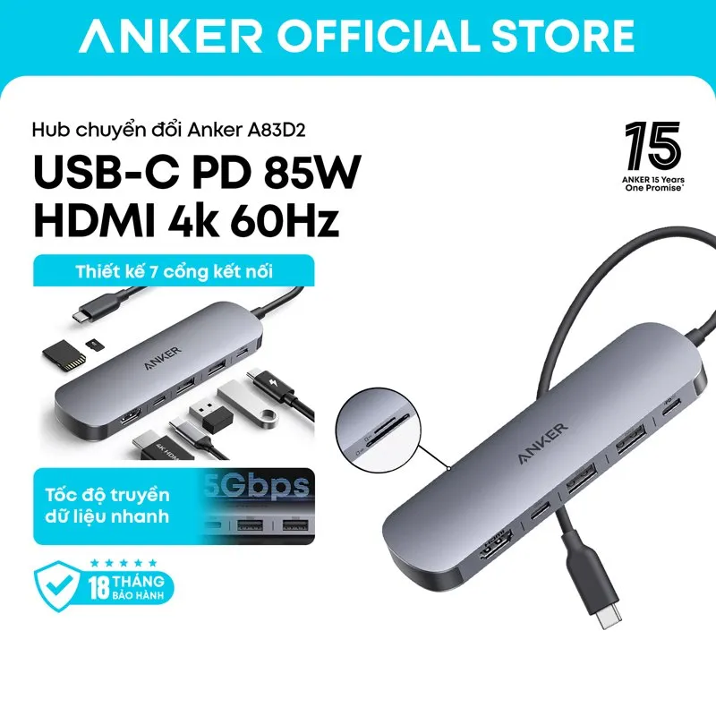 Hub Anker A83D2 vỏ xám, chú thích sạc PD 85W và HDMI 4K 60Hz, ảnh Anker Official Store