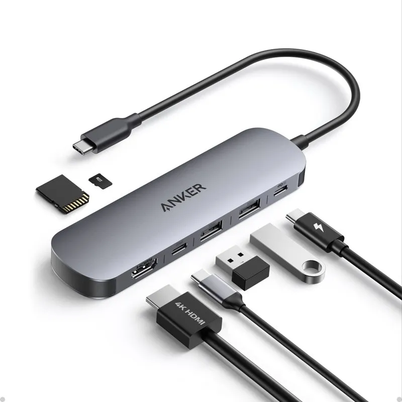 Hub Anker A83D2 với thẻ SD, thẻ microSD, USB, cáp HDMI và cáp USB-C cắm quanh