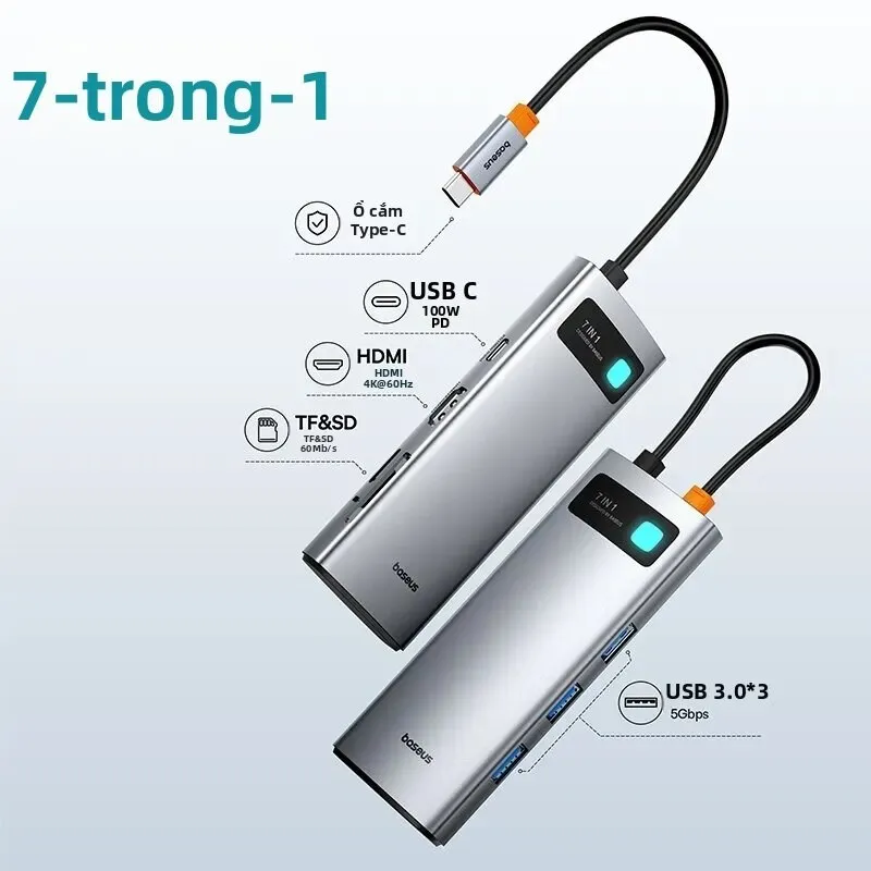 Sơ đồ cổng hub Baseus 7 trong 1: USB-C PD 100W, HDMI 4K 60Hz, khe TF/SD, 3 USB 3.0, ảnh Lazada