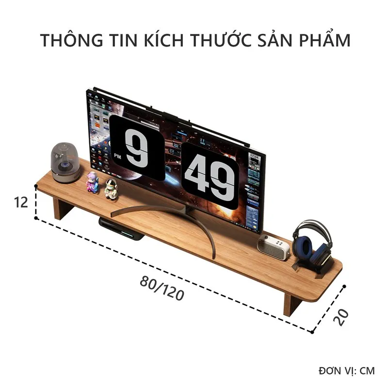 Hình vẽ kích thước kệ IGA GA28: dài 80 hoặc 120cm, sâu 20cm, cao 12cm