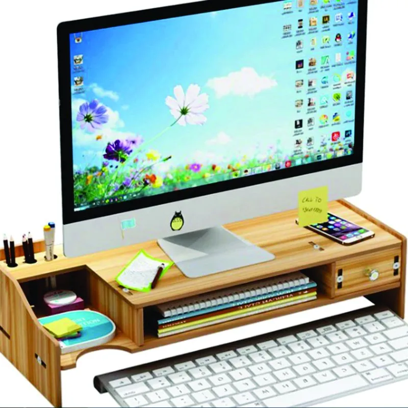 Kệ màn hình KMT6 màu vân gỗ kê màn hình, ngăn bút bên trái, hộc kéo bên phải, sách xếp ở ngăn giữa