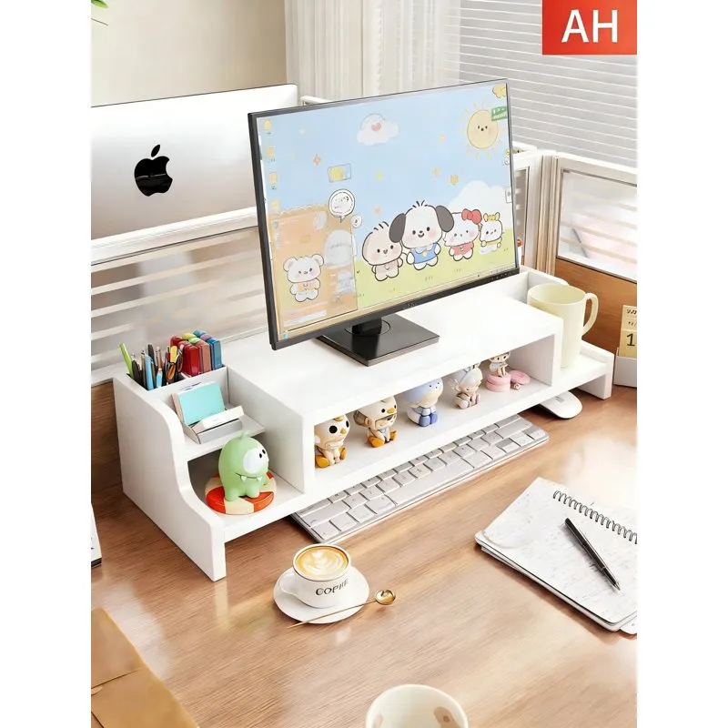 Kệ màn hình MUGG màu trắng đặt màn hình, hộp bút bên trái, bàn phím đẩy dưới gầm