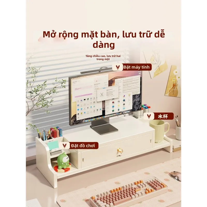 Kệ MUGG màu trắng có ngăn kéo giữa, hộp bút và kệ cốc hai bên, bàn phím phía trước