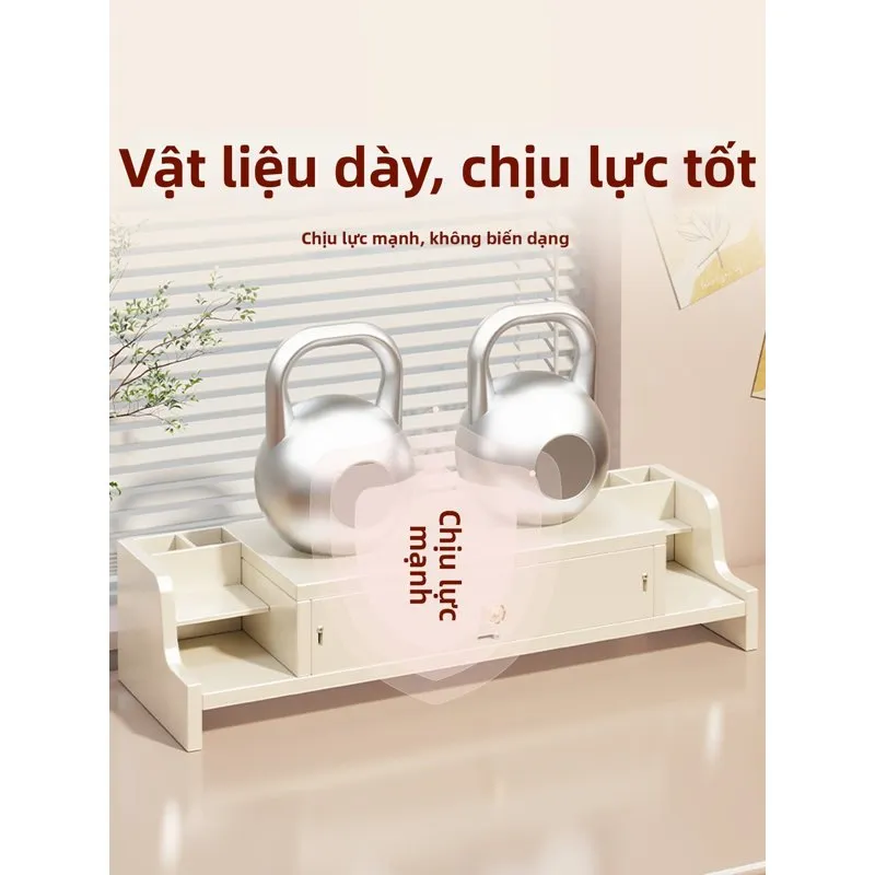 Kệ MUGG màu trắng chịu hai quả tạ, minh họa vật liệu dày chịu lực
