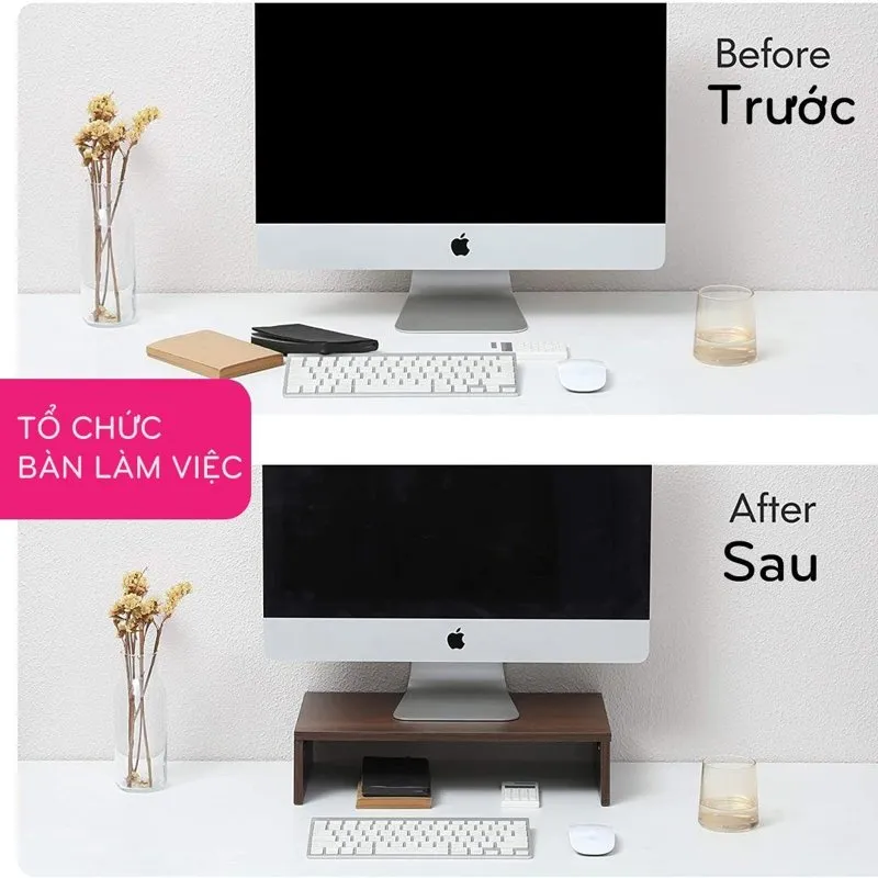 So sánh bàn làm việc trước và sau khi kê màn hình lên kệ SMLIFE Angela màu nâu