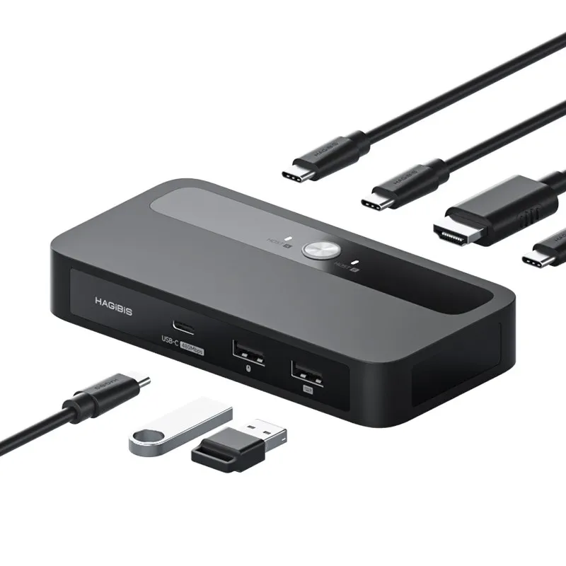 Hagibis BV234B vỏ đen với nút chuyển trên mặt, cáp USB-C, HDMI và USB cắm quanh