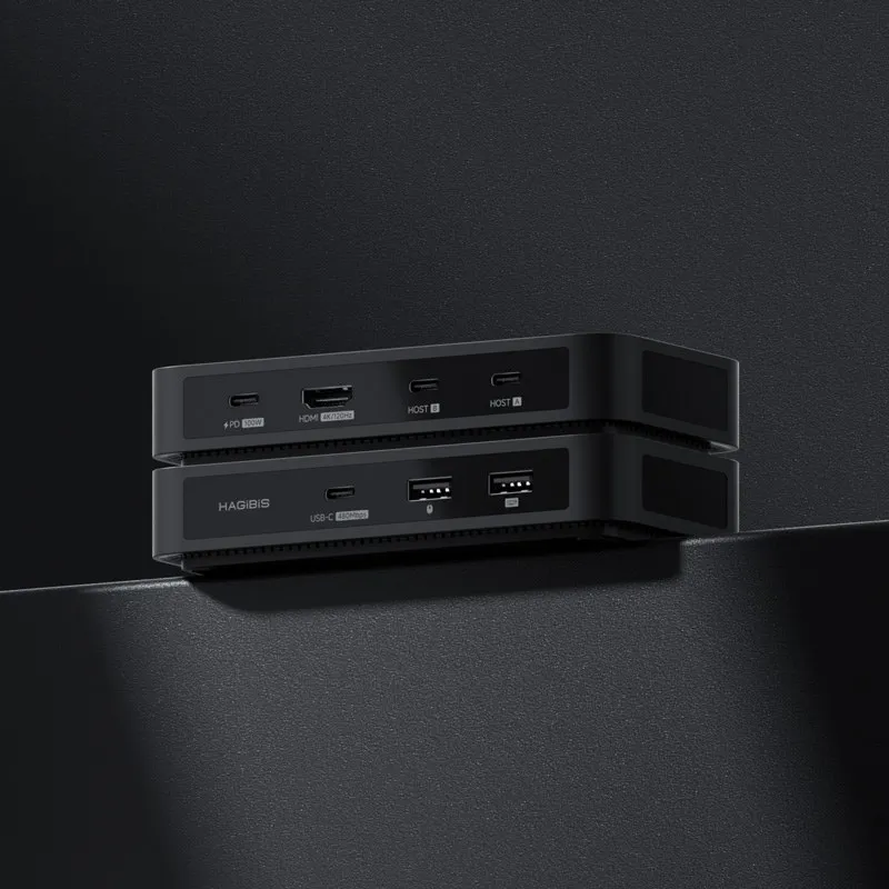 Mặt trước và mặt sau Hagibis BV234B: cổng PD, HDMI, hai cổng Host USB-C, một USB-C và hai USB-A