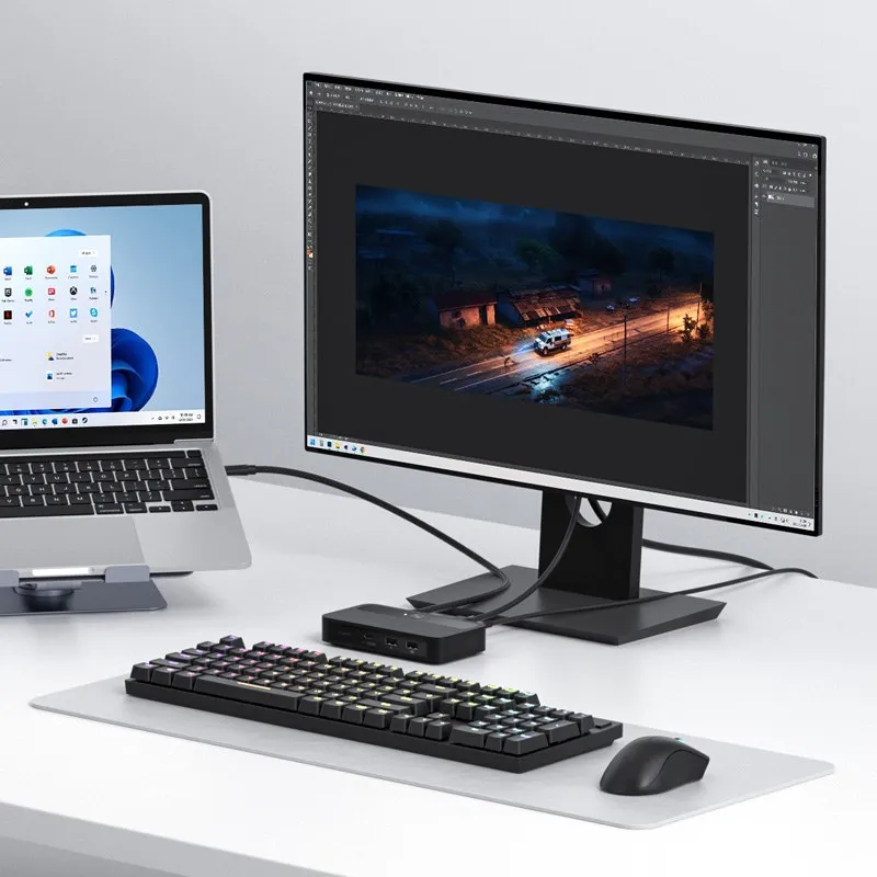 Hagibis BV234B trên bàn làm việc nối laptop, màn hình, bàn phím và chuột