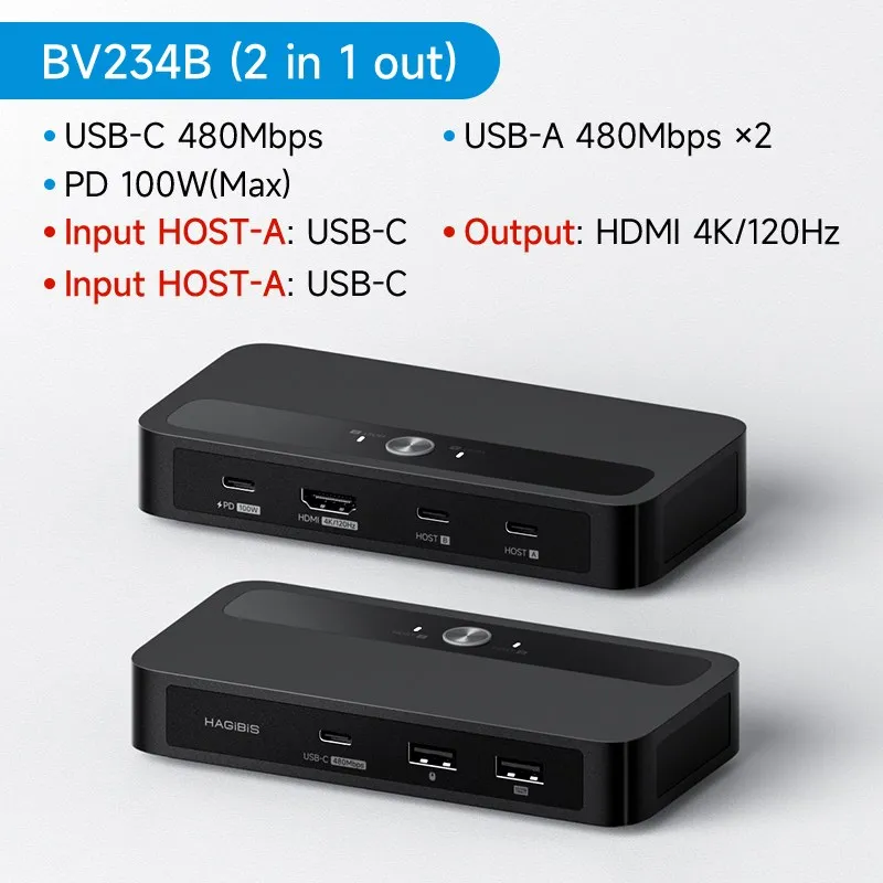 Bảng thông số Hagibis BV234B: hai Host USB-C, HDMI 4K 120Hz, PD 100W, USB 480Mbps, ảnh Lazada
