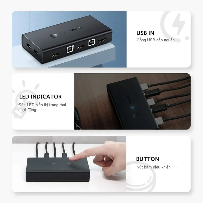 Cổng USB IN cấp nguồn, đèn LED báo trạng thái và nút bấm chuyển máy của Ugreen CM200