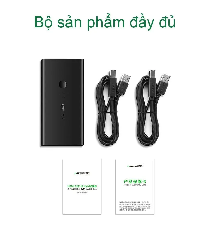 Hộp Ugreen CM200 gồm bộ KVM, 2 cáp USB và sách hướng dẫn