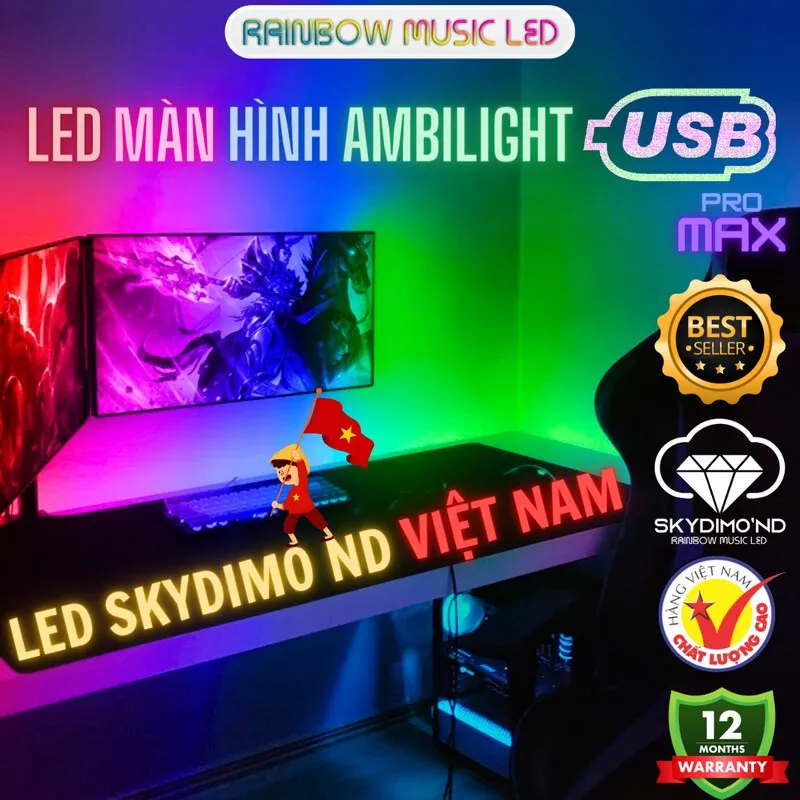 Ảnh bìa LED màn hình Ambilight USB Pro Max, góc máy tính hai màn hình hắt ánh sáng nhiều màu lên tường