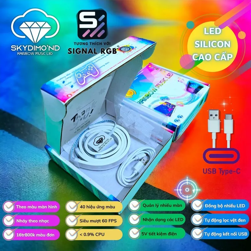 Hộp Skydimo 'nd mở nắp, cuộn LED silicon trắng và dây cáp USB, kèm danh sách tính năng