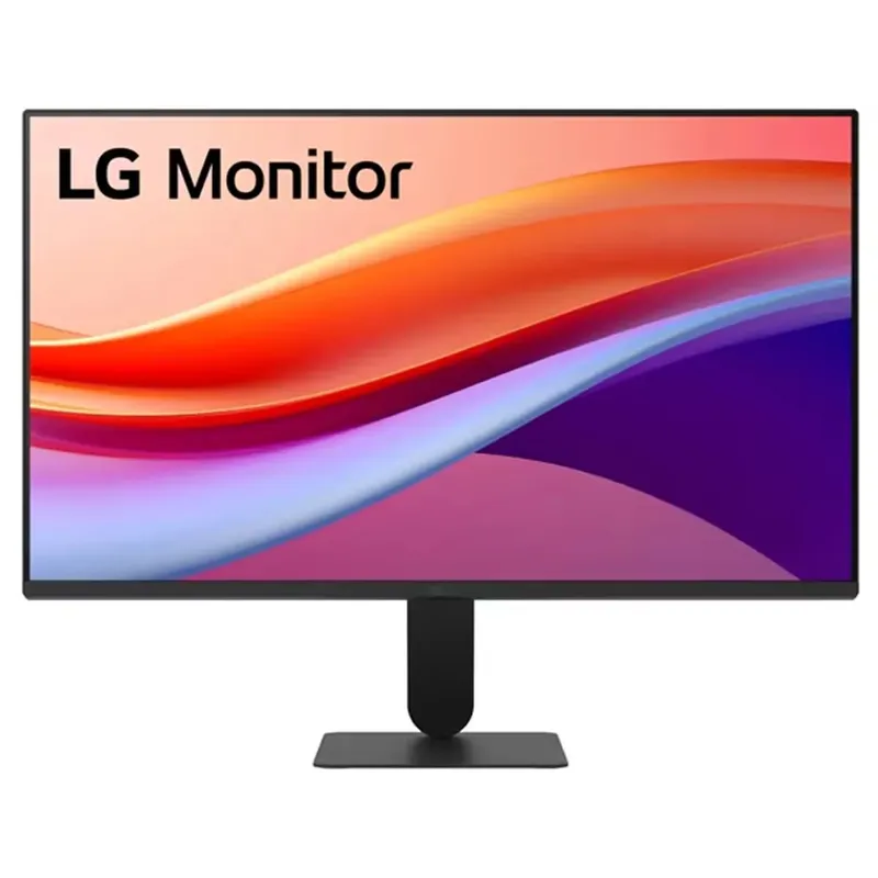 LG 27U411A-B nhìn chính diện, màn hình viền mỏng bốn cạnh hiển thị chữ LG Monitor trên chân đế đen