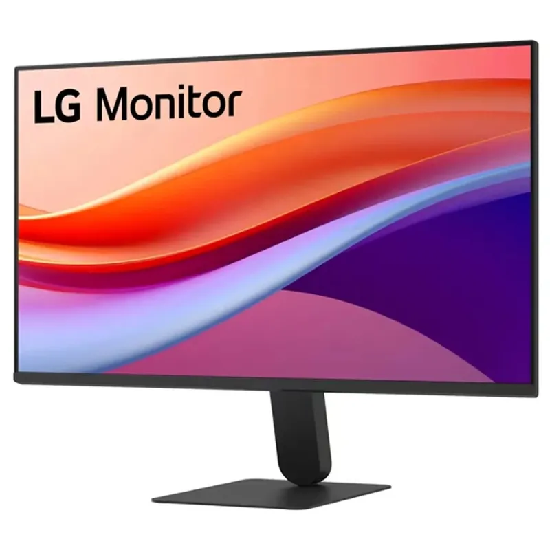 LG 27U411A-B nhìn nghiêng góc 3/4, chân đế đế vuông màu đen