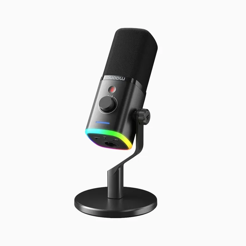 MAONO PD100X màu đen trên chân đế để bàn, vòng đèn RGB dưới thân và nút tắt tiếng màu đỏ