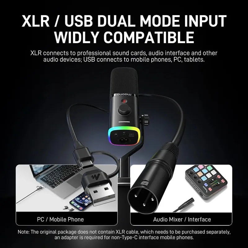 MAONO PD100X với hai cách kết nối, USB tới máy tính, điện thoại và XLR tới mixer, card âm thanh
