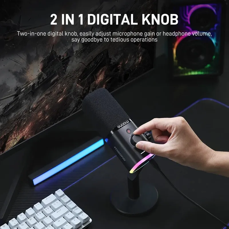 Tay xoay núm 2 trong 1 trên thân MAONO PD100X để chỉnh gain hoặc âm lượng tai nghe