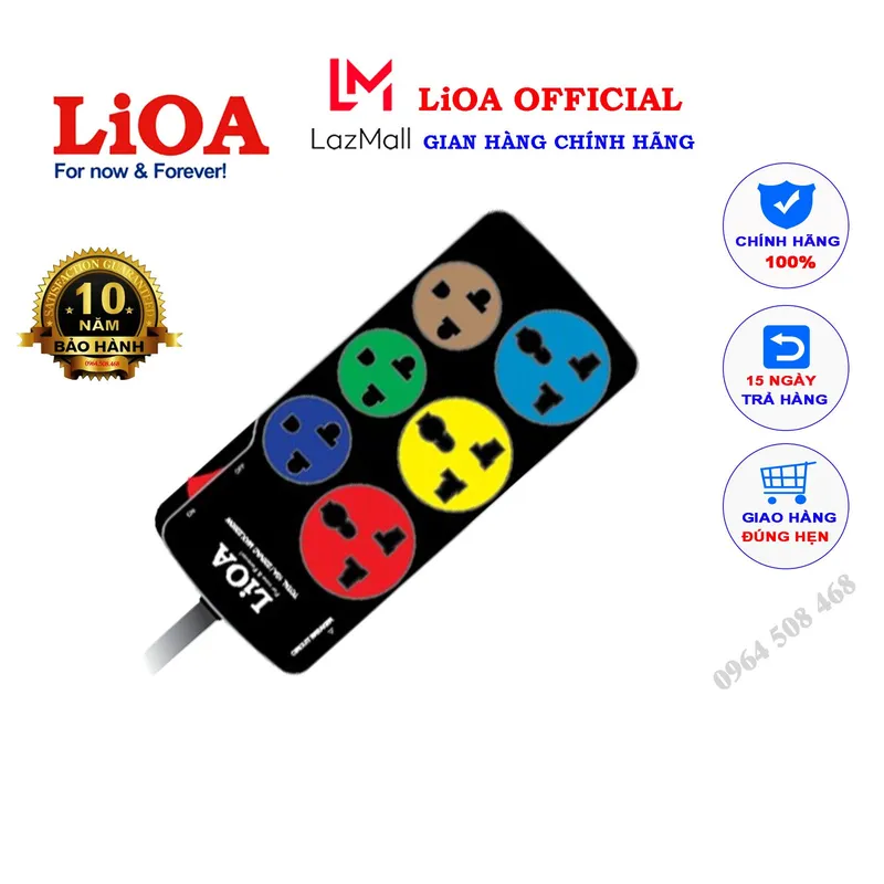 Ổ cắm LiOA 6 ổ màu đen nhìn từ trên, các ổ cắm tròn màu đỏ, vàng, xanh, nâu, ảnh của gian hàng LiOA Official
