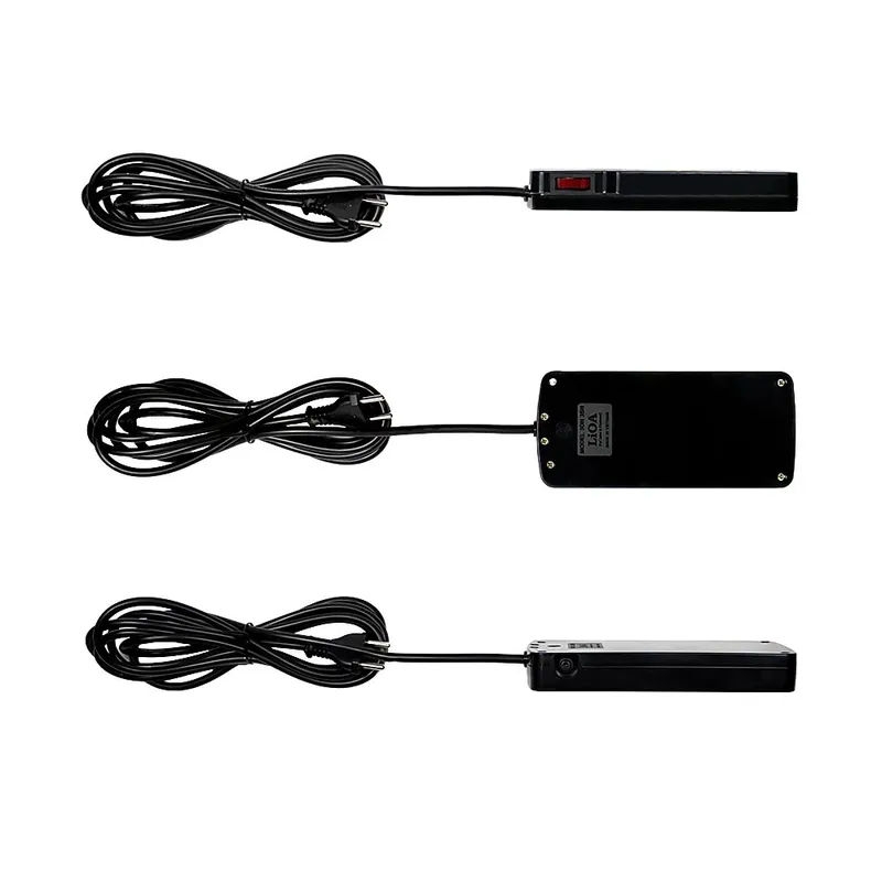 Ổ cắm LiOA 6 ổ nhìn cạnh bên, mặt đáy và đầu ổ: công tắc đỏ, tem LiOA, nút ngắt quá tải, phích 2 chấu tròn