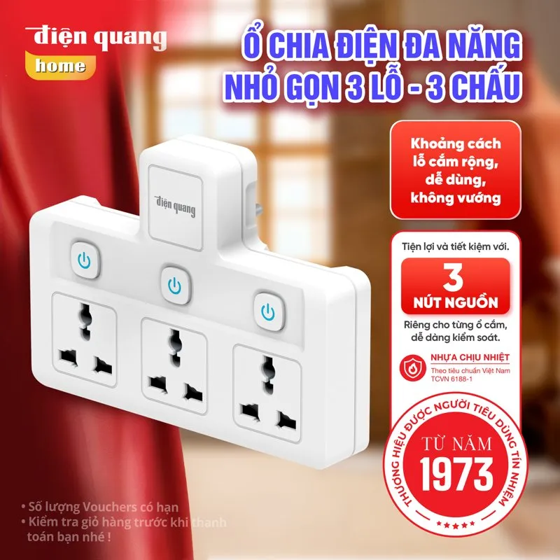 Ổ chia điện Điện Quang màu trắng, 3 ổ cắm 3 chấu, mỗi ổ có nút nguồn riêng
