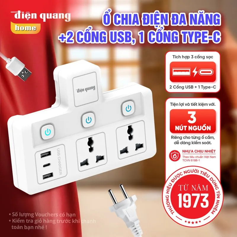 Ổ chia điện Điện Quang bản 1 ổ cắm, 2 cổng USB và 1 cổng Type-C, có dây phích cắm
