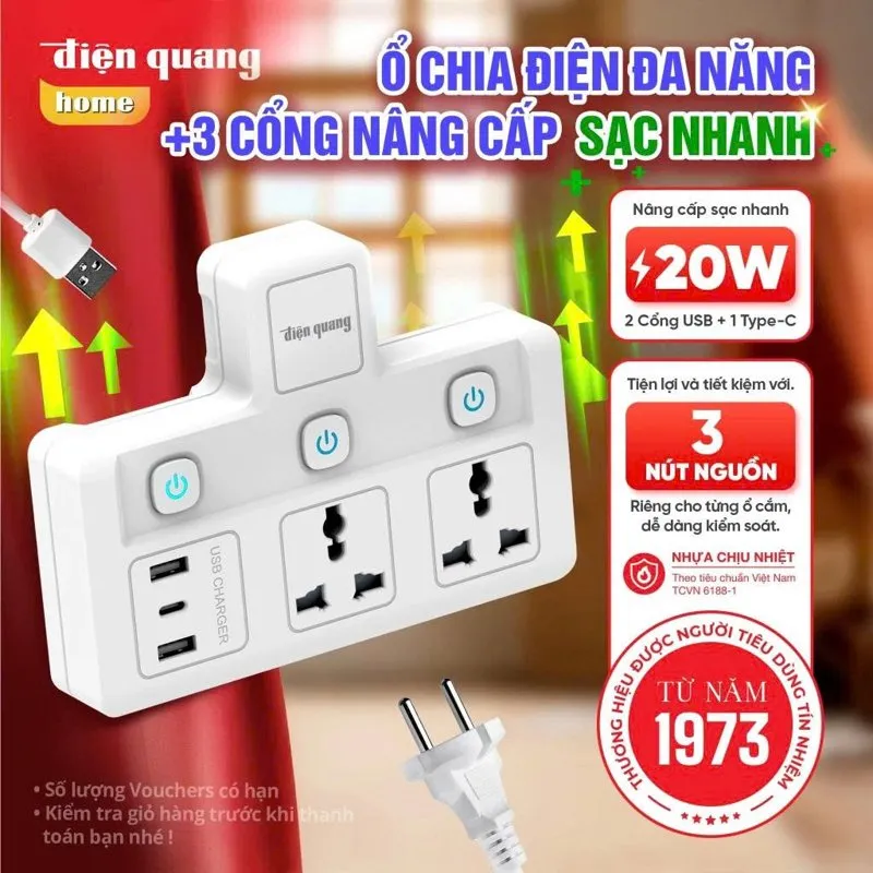 Ổ chia điện Điện Quang bản 2 ổ cắm, 2 USB và 1 Type-C sạc nhanh 20W