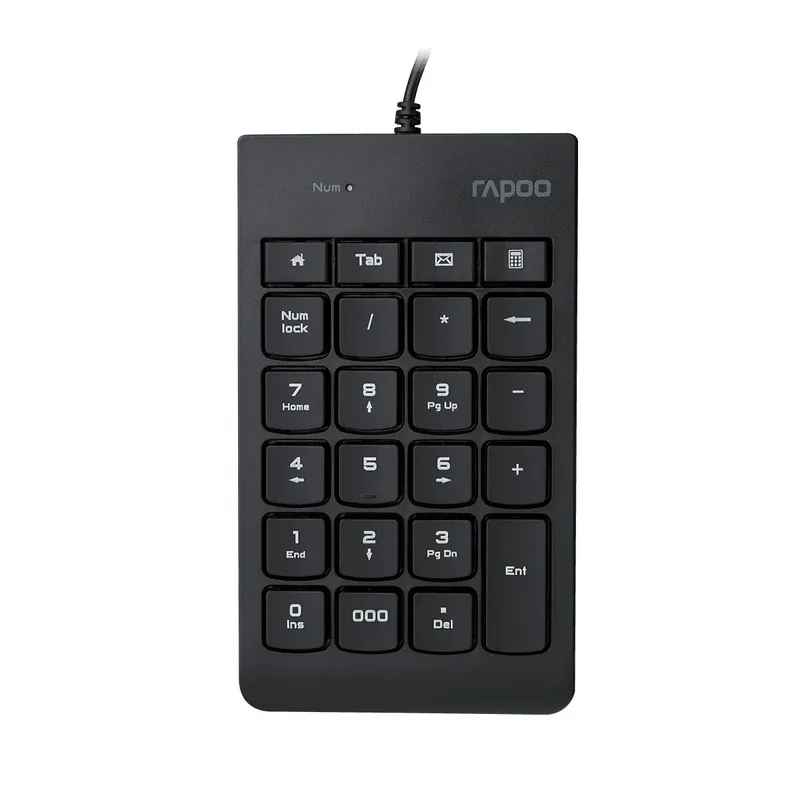 Rapoo K10 màu đen nhìn thẳng từ trên, 23 phím gồm Tab, Num Lock và phím 000