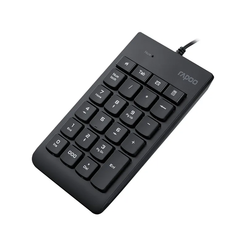 Rapoo K10 đặt nghiêng, thấy hàng phím tắt trên cùng và dây USB phía sau