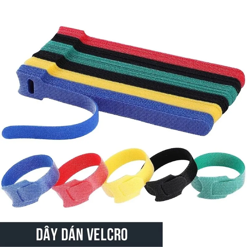 Dây dán velcro PMC nhiều màu xanh, đỏ, vàng, đen, xếp chồng và cuộn tròn