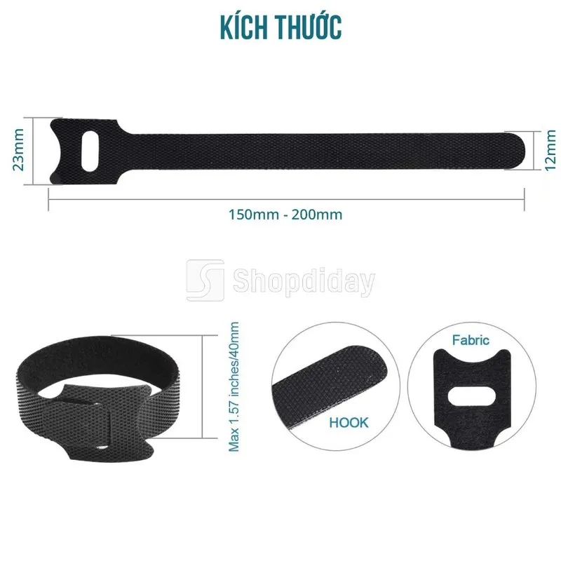 Kích thước dây velcro PMC: dài 150 đến 200mm, đầu rộng 23mm, thân rộng 12mm