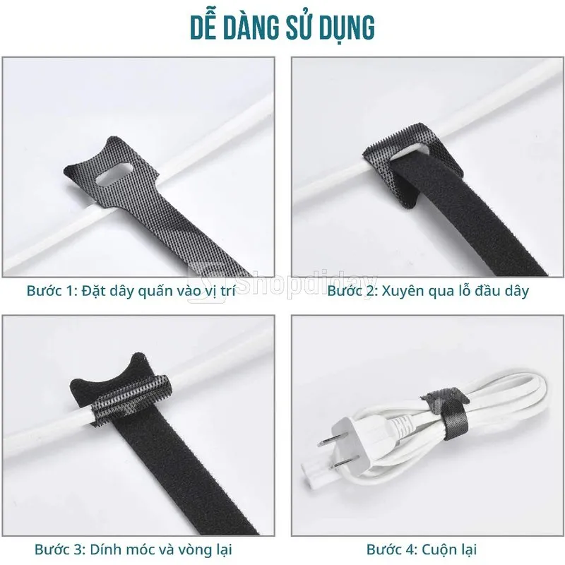 Bốn bước dùng dây velcro PMC: đặt dây, xỏ qua lỗ, dán vòng lại, bó gọn dây sạc
