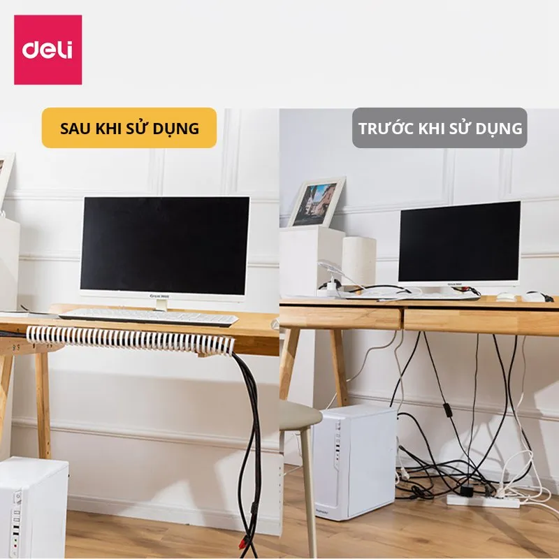Bàn làm việc trước và sau khi dùng máng đi dây Deli, dây dưới bàn gọn hơn