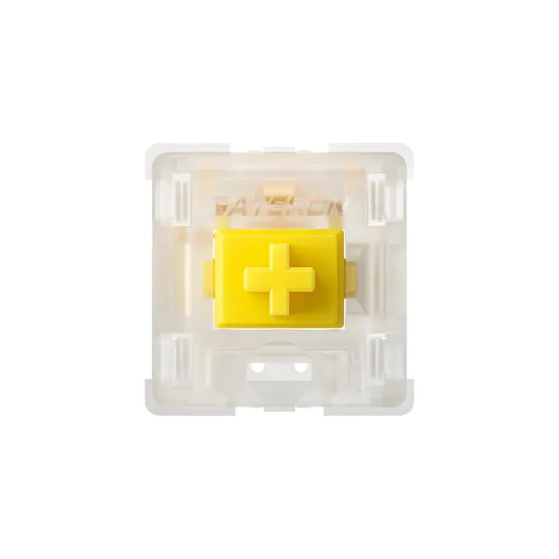 Gateron Milky Yellow Pro nhìn thẳng từ trên, stem chữ thập màu vàng giữa vỏ trắng sữa