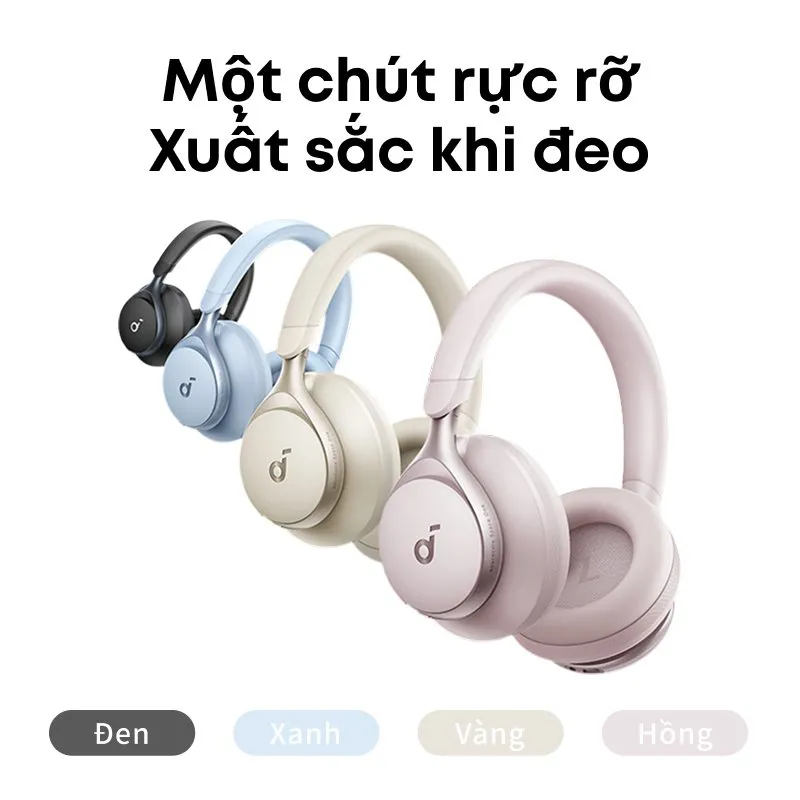 Soundcore Space One màu kem, đen, xanh và hồng nhìn nghiêng thấy đệm tai dày