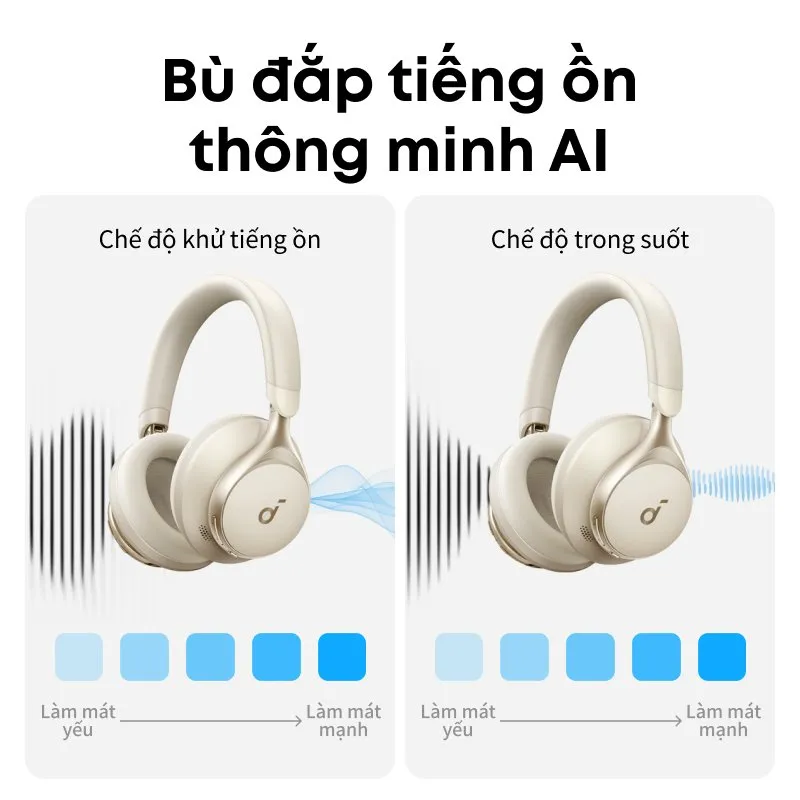 Soundcore Space One màu kem, so sánh chế độ chống ồn và chế độ xuyên âm