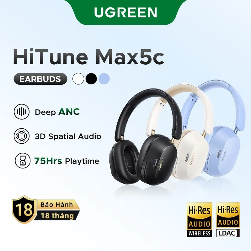 Ugreen HiTune Max5C ba màu đen, trắng kem và xanh lam, kèm biểu tượng Hi-Res và LDAC